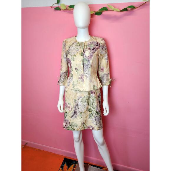 Vintage 1990's Tapestry Sheath Dress Peplum Blazer Suit Set Floral Garden Party - Picture 2 of 10